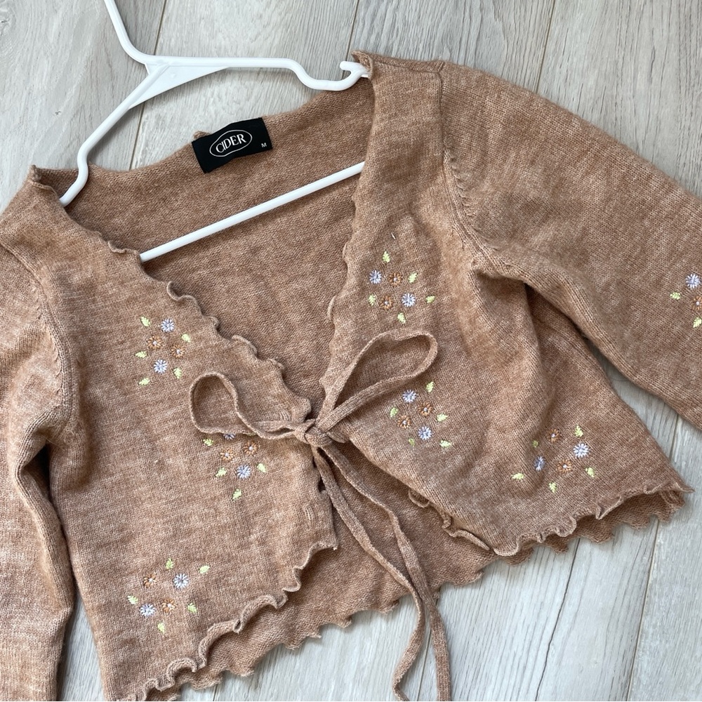 Cider Embroidered Cardigan Sweater Brown medium floral open tie front coquette - Picture 5 of 7